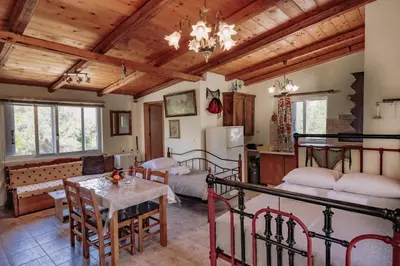 a kitchen and living room with wooden ceilings and a table at Nicola's House in Tsivarás