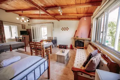 a living room with a bed and a fireplace at Nicola's House in Tsivarás