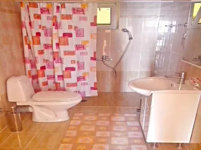 a bathroom with a toilet and a shower and a sink at Seaview Studio in beautiful setting, west from Chania in Ravdhoúkha