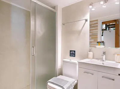 a bathroom with a shower and a toilet and a sink at Amy's Little Gem in Chania Town