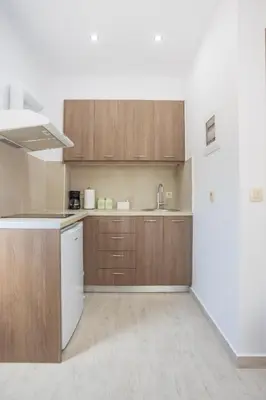 a kitchen with wooden cabinets and a white refrigerator at Villa Andromeda Fres in Frés