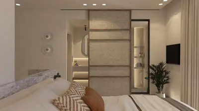 a bedroom with a bed and a staircase in a room at Eftihia Studios Paleochora in Palaiochóra