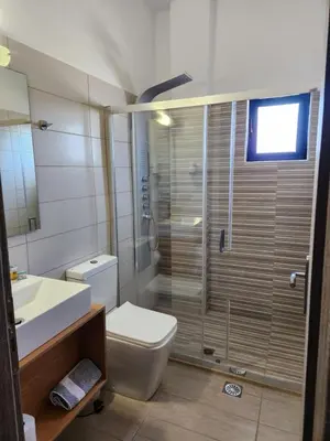 a bathroom with a shower and a toilet and a sink at Tarra Rooms and Apartments in Agia Roumeli