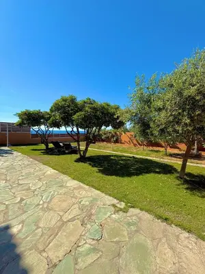 a park with two trees and a stone path at Unick Avra Luxury Living in Kalathas