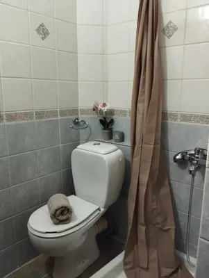 a bathroom with a white toilet and a shower at Lili House in Chania Town