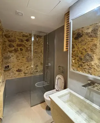 a bathroom with a toilet and a shower and a sink at Nature dream 1833 in Dhrakóna