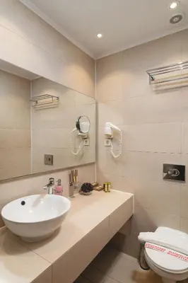 a bathroom with a sink and a toilet at Elia Agia Marina Hotel in Agia Marina Nea Kydonias
