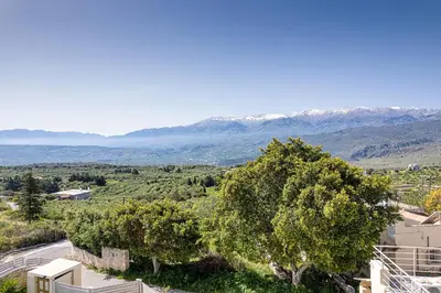 an overhead view of a valley with a tree and mountains at Villa Crista in Áptera