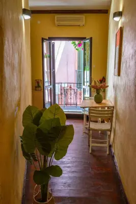 a hallway with a table and a plant in a room at Mythos -Old Town-Old harbour Chania in Chania Town