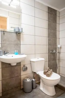 a bathroom with a toilet and a sink at Kamari Apartment - Chania in Chania Town