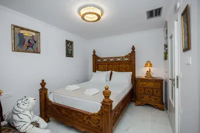 a bedroom with a bed and a cat sitting on the floor at Theodosia Heritage Residence in Kissamos