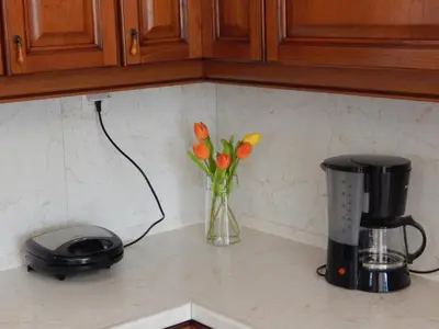 a vase of orange flowers sitting on a kitchen counter at Kaina Villa in Vamos