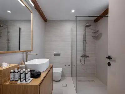 a bathroom with a shower and a sink and a toilet at Petra Retreat Residence in Daratso