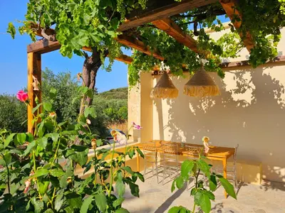 a patio with a table and chairs under a pergola at BROWN ON GREEN a stone house with amazing view in Drapaniás