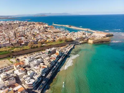 an aerial view of a beach and a city at Cosy apartment in Koum Kapi Beach in Chania Town