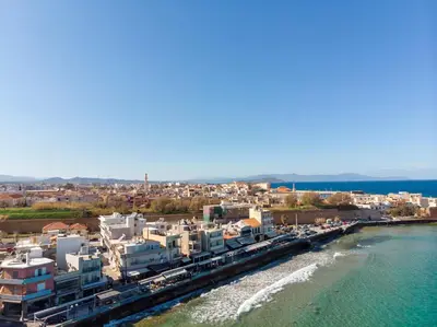 an aerial view of a city next to the water at Cosy apartment in Koum Kapi Beach in Chania Town