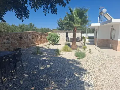 a patio with a table and a palm tree at Villa Dadis in Chania