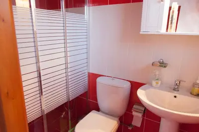 a bathroom with a toilet and a sink at Villa Olea-Renieri in Grigorianá