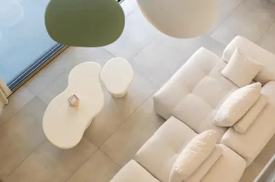 an overhead view of a living room with white furniture at Sea Princessa Villa in Chania Town