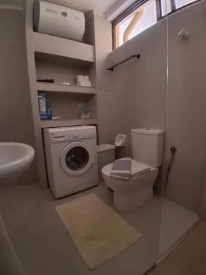 a bathroom with a toilet and a washing machine at Diotima apartment in Chania Town