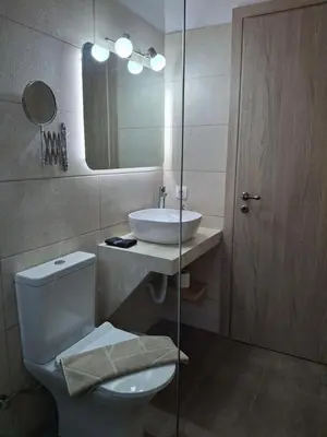 a bathroom with a toilet and a sink and a mirror at Terra Solaris Guesthouse in Kissamos