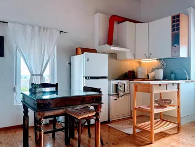 a kitchen with a table and a refrigerator at Le Havre in Païdhokhórion