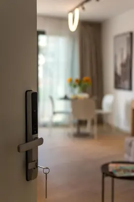 an open door to a living room with a living room at Neapolis in Chania Town
