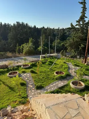 a garden with trees and a stone path at Villa & Apartament Armonia 4 Gaia Vita Gavalochori-Vamos KRETA in Vamos