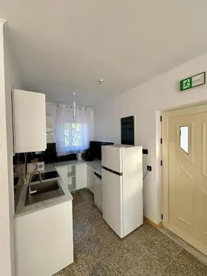 a kitchen with white cabinets and a white refrigerator at Villa & Apartament Armonia 4 Gaia Vita Gavalochori-Vamos KRETA in Vamos