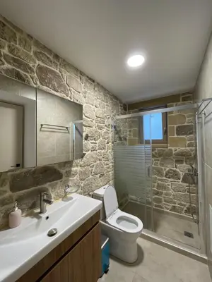 a bathroom with a sink and a toilet and a shower at Casa Maria in Gramvousá