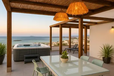a villa with a hot tub on a patio with the ocean at See2sea Cozy Apartments in Kolymvari
