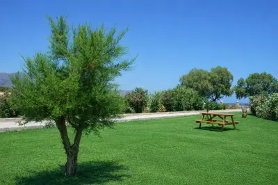 a picnic table and a tree in the grass at New Beachfront villa Six Stars in Chania,close to the beach & amenities in Kamisianá