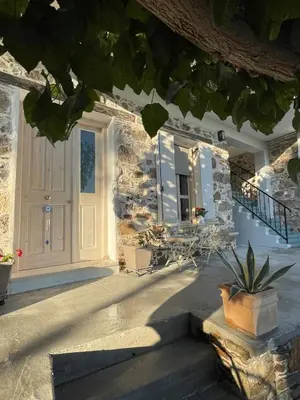 a front door of a stone house with a potted plant at Armela in Áyioi Theódhoroi
