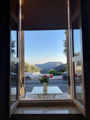 a window with a vase of flowers on a table at Armela in Áyioi Theódhoroi