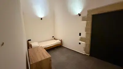 a small room with a bed and a fireplace at Stone House Experience in Voúvai