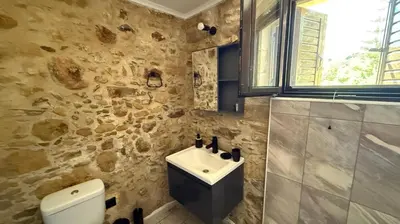 a bathroom with a sink and a white toilet at Stone House Experience in Voúvai