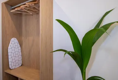 a plant next to a wooden shelf with a mirror at Alba Boutique Hotel in Chania Town