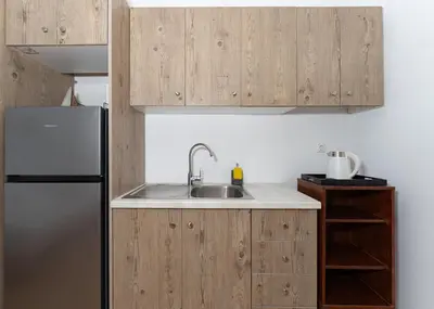 a kitchen with a sink and a refrigerator at Kalamaki del mar apartments in Galatás