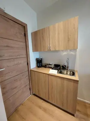 a kitchen with a sink and a wooden door at Chavalon Apartments in Kalyves