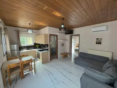 a living room with a couch and a kitchen at Suites Near Elafonisi in Élos