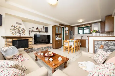 a living room with a couch and a fireplace at Aloni Villa in Káïna