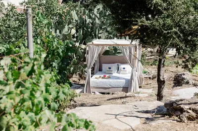 a bed in a gazebo under a tree at Star Sleep Dourakis Winery Chania in Alikampos