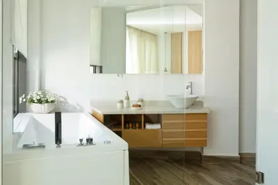 a bathroom with a sink and a mirror at S&K Villas in Kalamaki Chanion