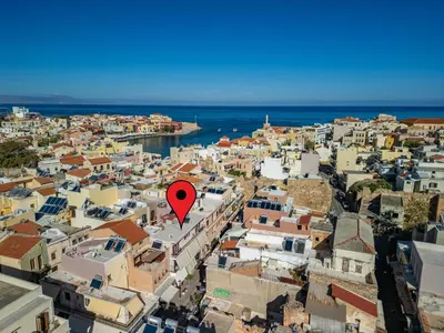 a view of a city with a red marker at Harbour - Spacious Unique 2-Balcony Apartment in Chania Old Town in Chania Town