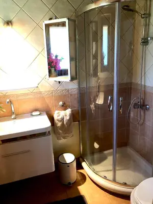 a bathroom with a shower and a sink at Apartment in natural stone house in Spiliá