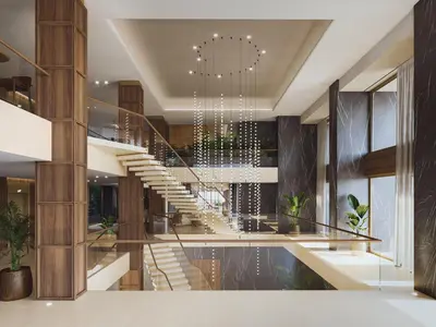 a lobby with a staircase and a pool at Hilton Chania Old Town Resort & Spa in Chania Town