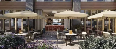 an rendering of a restaurant with tables and umbrellas at Hilton Chania Old Town Resort & Spa in Chania Town