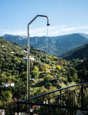 a street light with a view of a valley at Villa Eleni Meskla in Mesklá