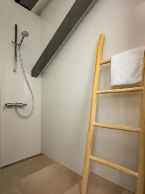 a ladder in a bathroom with a shower at Omorphi Seaside Villa in Kalyves