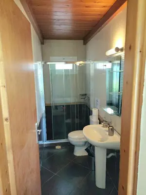 a bathroom with a toilet and a sink and a shower at Lila Villas in Stalos